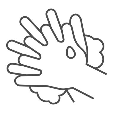 El yıkama talimatı ince çizgi simgesi. Beyaz arkaplanda, parmakların arasında resim çizimi düzgün bir şekilde temiz. Gezici konsept ve web tasarımı için koronavirüsü yayılmasını engelle. Vektör grafiği.