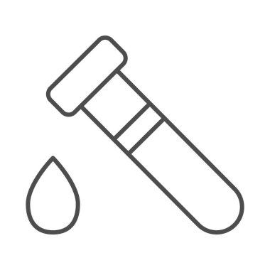 Coronavirus kan testi ince çizgi ikonu. Bırakma sembollü test tüpü, beyaz arkaplanda ana hatlı resim. Tüp matara tabelasında virüs analizi ve internet tasarımı. Vektör grafiği.