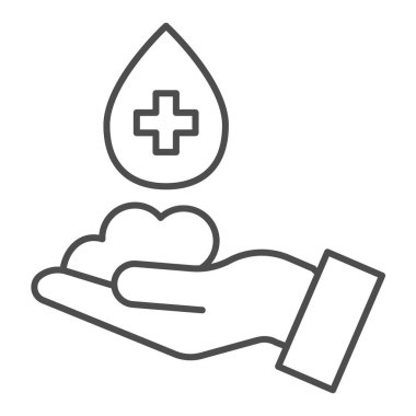 Elinde köpük olan ince çizgi ikonu. Yıkanan eller, beyaz arka planda virüs sembolü çizim şeklindeki piktogramı engeller. Mobil konsept ve web tasarımı için koruma Coronavirus güvenli yaşam işareti. Vektör grafikleri.