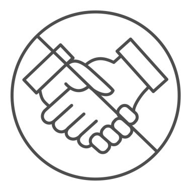 İnce çizgi simgesine el sıkışmayı yasakla. Beyaz arkaplanda fiziksel temas biçiminden kaçının. Mobil konsept ve web tasarımı için Coronavirus işaretini engelle. Vektör grafikleri.