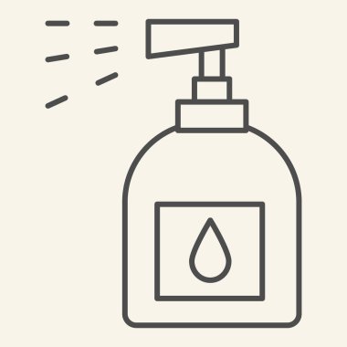 Hane kimyasalları ince çizgi ikonu. Sprey şişe sembolü, bej arka planda ana hatlı resim. Mobil konsept ve web tasarımı için plastik şişe temizleme tabelası. Vektör grafikleri.