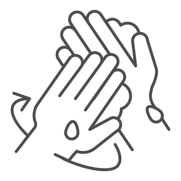 正确的洗手说明细线图标.Covid-19流行标志中的个人卫生，在白色背景上勾画出风格象形文字。用肥皂洗净两边的手. — 图库矢量图片
