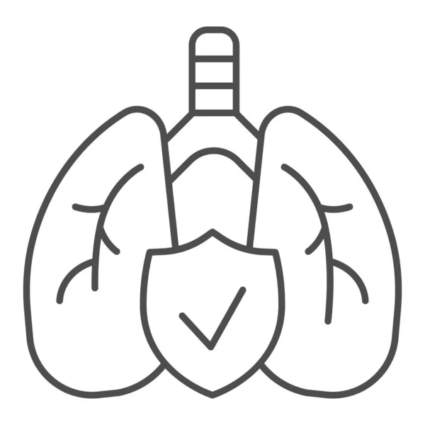 Humano sano pulmones delgada línea icono. Salud respiratoria aprobada con pictograma de estilo de contorno de escudo sobre fondo blanco. Signo de neumonía por Coronavirus para concepto móvil y diseño web. Gráficos vectoriales . — Archivo Imágenes Vectoriales