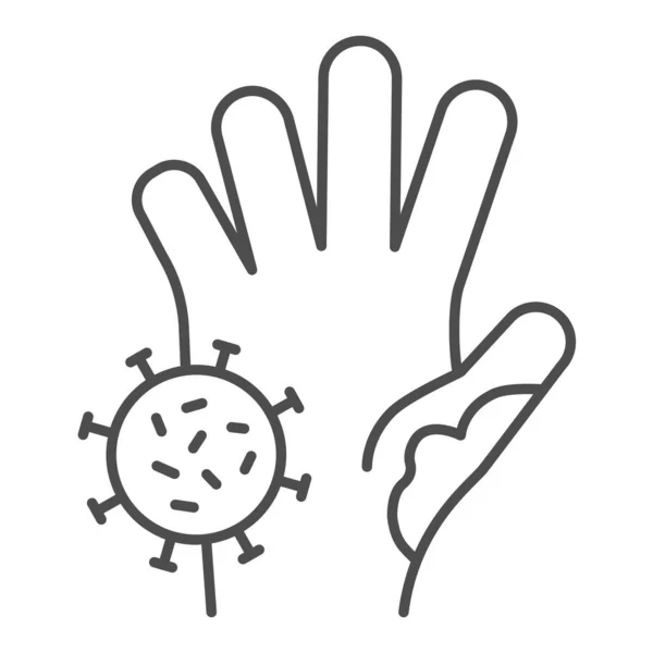 바이러스가 얇은 선 아이콘을 씻지 않은 손. 코로나 바이러스를 예방하는 방법은 상징, 윤곽을 흰색 배경에 표시하는 방식을 퍼뜨렸다. 모바일 및 웹 디자인을 위한 손바닥에 있는 박테리아 감염. 벡터 그래픽. — 스톡 벡터