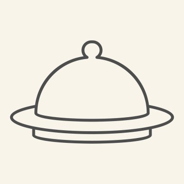 Kapağı ince çizgi simgesi olan bir tabak. Otel restoranının yemek kapağı sembolü, bej arka planda ana hatlı resim. Seyyar konsept ve web tasarımı için yemek tepsisi tabelası. Vektör grafikleri.