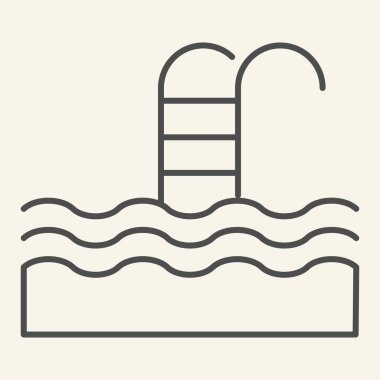 Havuz ince çizgi simgesi. Su dalgaları ve merdiven sembollü yüzme havuzu, bej arka planda ana hatlı resim. Otel eğlence tabelası mobil konsept ve web tasarımı. Vektör grafikleri.