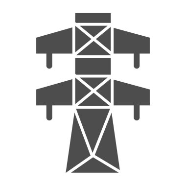 Yüksek voltaj hattı katı simgesi. Elektrik kulesi çizimi beyaza izole edildi. Elektrik kabartma tasarımı, ağ ve uygulama için tasarlanmış. Eps 10.