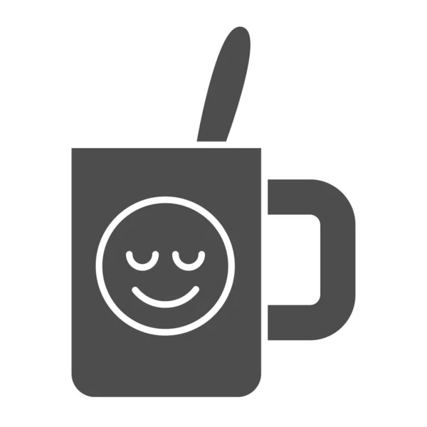 Чашка с чайной ложкой твердой иконки. Сувенирная кружка с улыбающейся векторной иллюстрацией, изолированной на белом. Drink glyph style design, designed for web and app. Eps 10 . — стоковый вектор