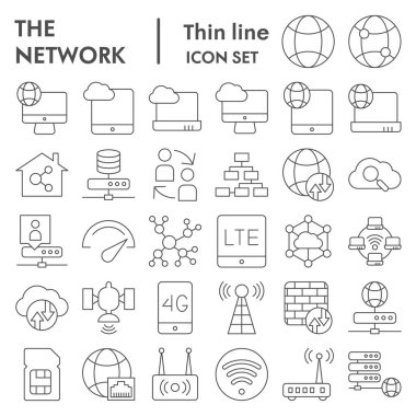 Ağ ince çizgi simgesi seti, İnternet sembolleri koleksiyonu, vektör çizimleri, logo illüstrasyonları, bilgisayar web işaretleri beyaz arkaplanda izole edilmiş doğrusal pictogram paketi, 10.