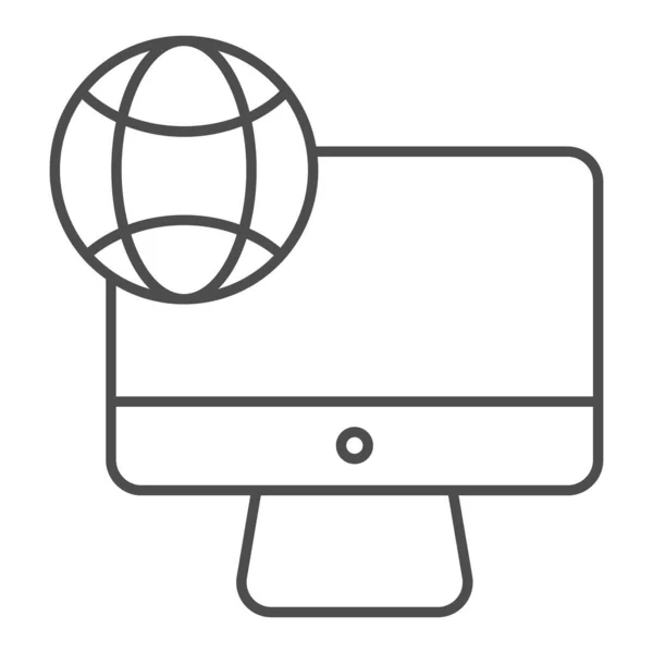 Internet en el escritorio icono de línea delgada. Computadora con ilustración vectorial planetaria aislada en blanco. Diseño de estilo de contorno de red en el dispositivo, diseñado para web y aplicación. Eps 10 . — Vector de stock