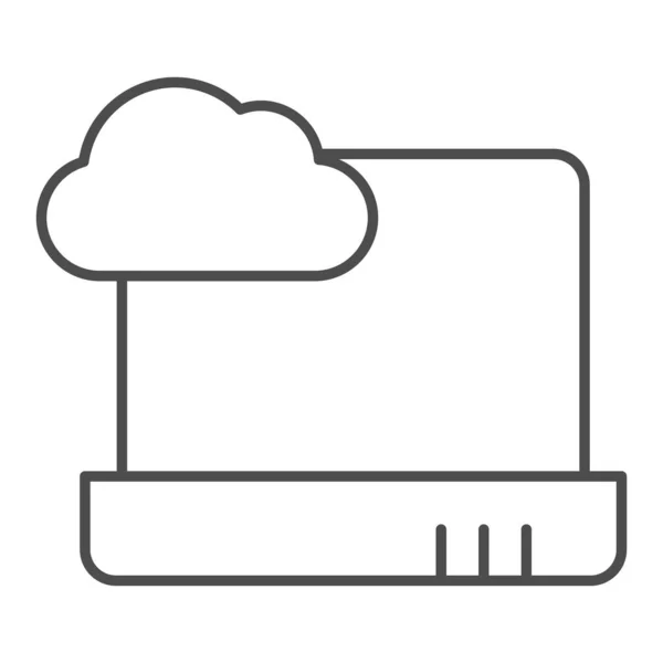 Computación en la nube en el icono de línea delgada portátil. Cuaderno con ilustración de vectores de nubes aislado en blanco. Nube de datos en el diseño de estilo de esquema de dispositivo, diseñado para la web y la aplicación. Eps 10 . — Archivo Imágenes Vectoriales