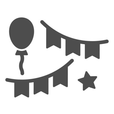 Balon ve parti bayrakları sağlam bir ikona işaret ediyor. Beyaz üzerine izole edilmiş şenlikli dekor vektör çizimi. Doğum günü dekorasyon kabartma tasarımı, web ve uygulama için tasarlanmış. Eps 10.