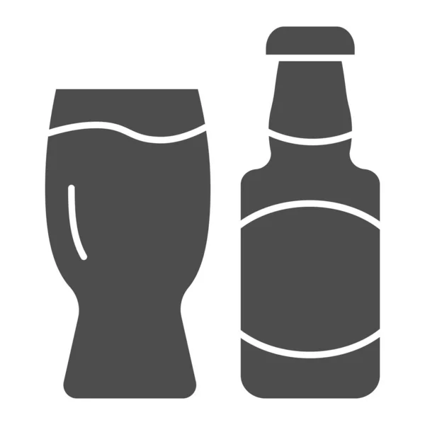 Beer bottle and glass solid icon. Lager bottle with glass vector illustration isolated on white. Alcohol glyph style design, designed for web and app. Eps 10. — Stock Vector