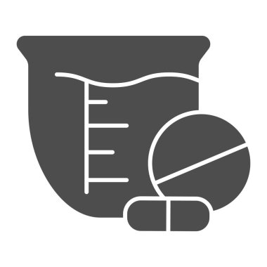 Haplar ve beher sağlam bir ikon. Uyuşturucu ve cam çizimi beyaza izole edilmiş. Tabletler doz kabartma tasarımı, web ve uygulama için tasarlanmış. Eps 10.