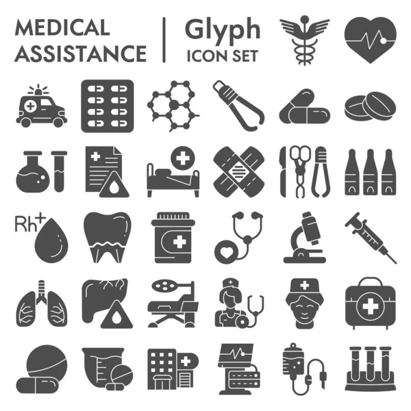 Set di icone di glifo per assistenza medica, raccolta di simboli sanitari, schizzi vettoriali, illustrazioni del logo, segni di attrezzature mediche solido pacchetto pittogrammi isolato su sfondo bianco, eps 10 . — Vettoriale Stock