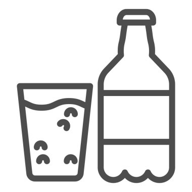 Köpüklü su hattı ikonu. Bir şişe su ve cam vektör çizimi beyaza izole edilmiş. Kabarcıklı su ana hatlı tasarım, ağ ve uygulama için tasarlandı. Eps 10.