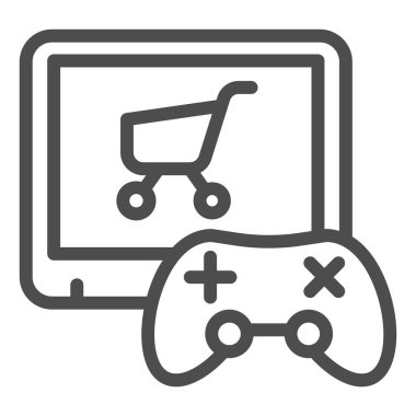 Video oyunu satın alma satırı simgesi. Oyun konsolu ve alışveriş arabası çizimi beyaza izole edildi. Oyun denetleyici ve troleybüs tasarımı, web ve uygulama için tasarlandı. Eps 10.