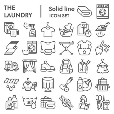 Çamaşır çizgisi simgesi seti, çamaşır sembolleri koleksiyonu, vektör çizimleri, logo illüstrasyonları, ev işleri işaretleri beyaz arkaplanda izole edilmiş doğrusal piktogramlar paketi, ep 10.
