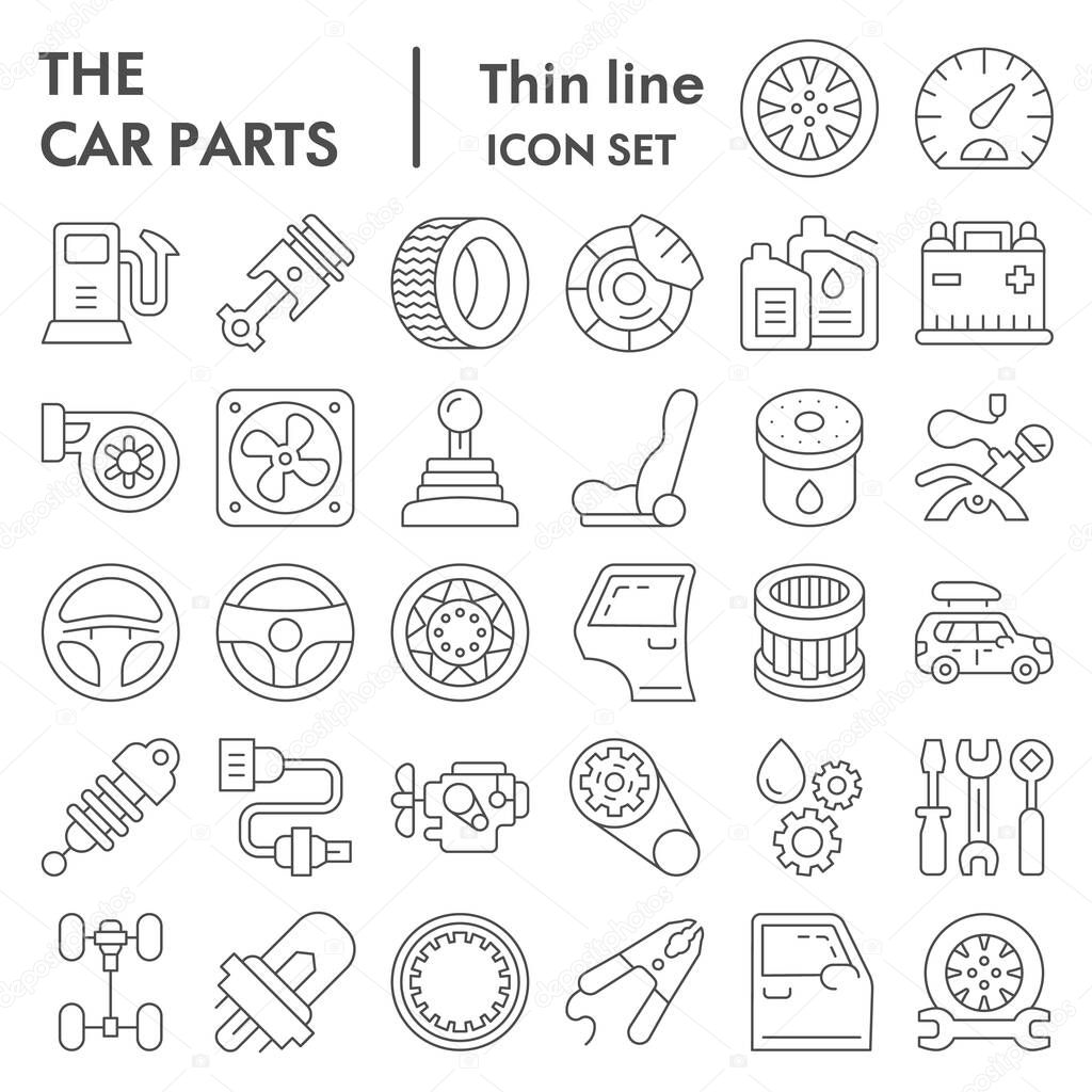 Car parts thin line icon set, auto details symbols collection, vector sketches, logo illustrations, automotive repair signs linear pictograms package isolated on white background, eps 10