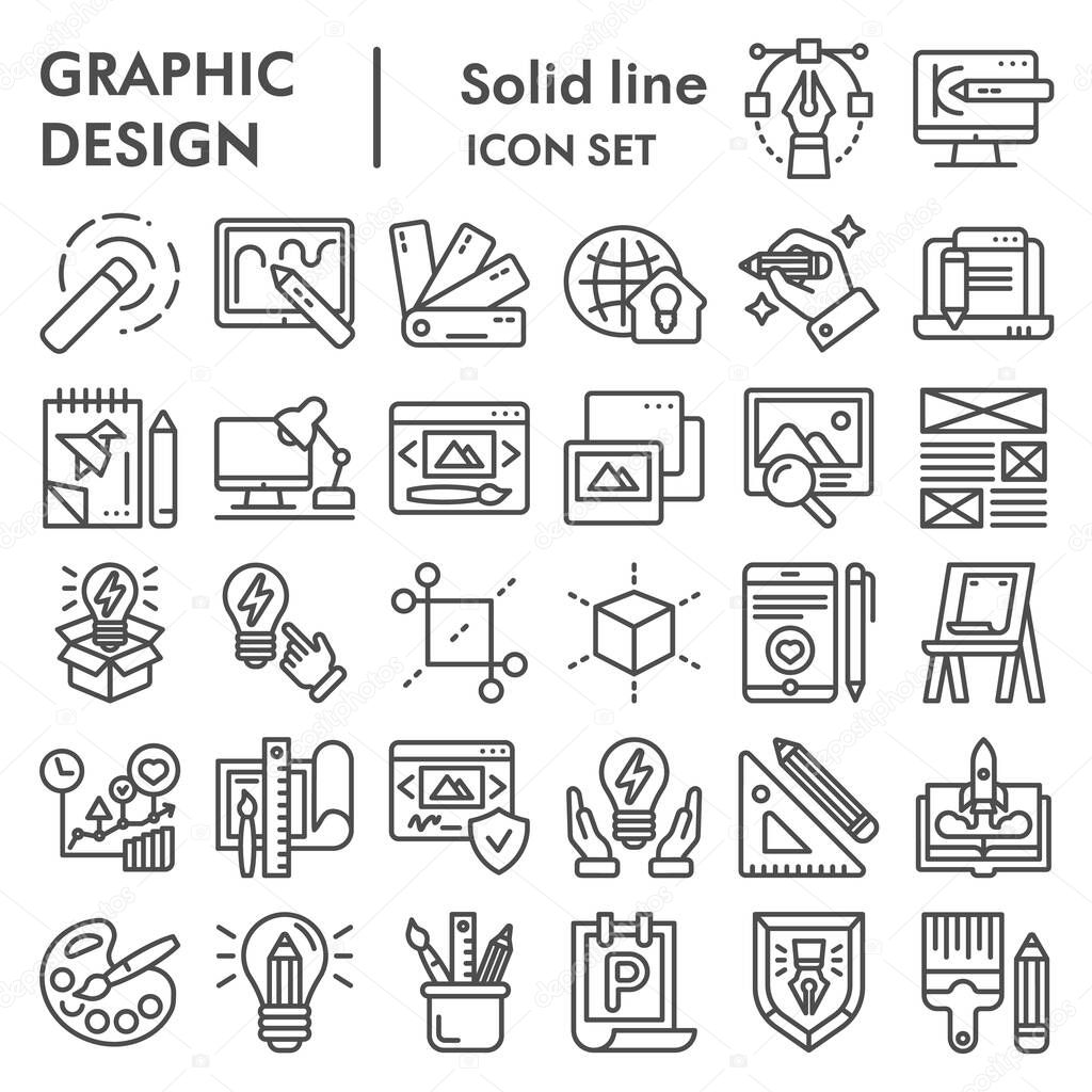 Graphic design line icon set, art tools symbols collection, vector sketches, logo illustrations, drawing equipment signs linear pictograms package isolated on white background, eps 10.
