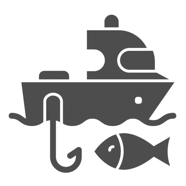 어선의 단단 한 아이콘. 배와 물고기 벡터 그림은 흰색에 분리되어 있습니다. 웹 과 앱을 위해 설계된 낚시용 요트 글 리프 스타일의 디자인. Eps 10. — 스톡 벡터