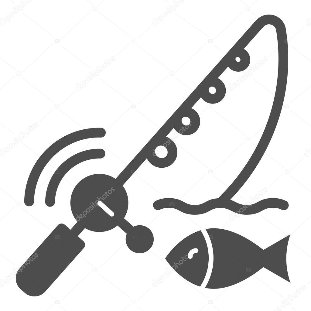 Spinning fish solid icon. Fish with bait vector illustration isolated on white. Fish and fishing pole glyph style design, designed for web and app. Eps 10