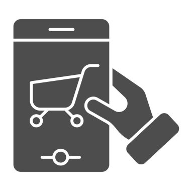 Akıllı telefon ikonu üzerinde alışveriş arabası. Telefon vektör çizimi uygulaması beyaza izole edildi. Ağ ve uygulama için tasarlanmış, tramvay kabartma tasarımı olan cep telefonu. Eps 10.