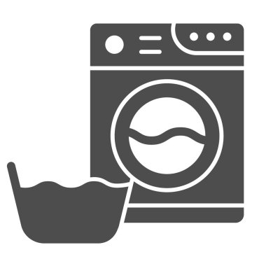 Çamaşır makinesi ve leğen katı simge. Çamaşır odası vektör çizimi beyaza izole edildi. Çamaşır makinesi ve sepet kabartma tasarımı, web ve uygulama için tasarlanmış. Eps 10.
