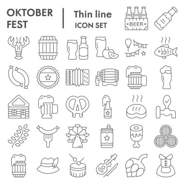Ekim Festivali ince çizgi simgesi seti, bira festivali sembolleri koleksiyonu, vektör çizimleri, logo illüstrasyonları, Alman kutlama işaretleri beyaz arkaplanda izole edilmiş doğrusal piktogram paketleri, ep 10.