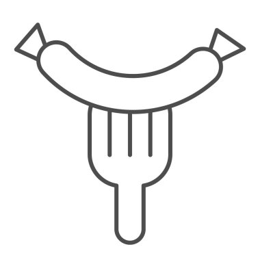 Sosis ve çatal ince çizgi ikonu. Izgara sosis vektör çizimi beyaza izole edilmiş. Sıcak sosis tasarımı, web ve uygulama için tasarlanmış. Eps 10.