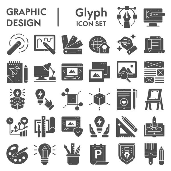 Zestaw ikon graficznych glifów projektowych, kolekcja symboli narzędzi artystycznych, szkice wektorowe, ilustracje logo, oznakowanie wyposażenia rysunku solidne piktogramy opakowanie odizolowane na białym tle, eps 10. — Wektor stockowy