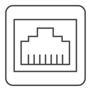 İnternet bağlantısı ince çizgi simgesi. Ağ portu illüstrasyonu beyazda izole edildi. Bilgisayar bağlantısı tasarımı, web ve uygulama için tasarlandı. Eps 10.