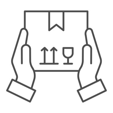 Karton paket kutusu elinde ince çizgi simgesi, teslimat servis sembolü beyaz arka planda kargo lojistik ikonu taşıyan kurye elleri. Vektör grafikleri.