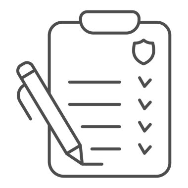 Kalem ince satır simgesi, dağıtım lojistik servis sembolü, beyaz arkaplanda kurye raporu vektör işareti, marka amblemi ve kalem taslak biçimli belge içeren kontrol listesi. Vektör grafikleri.