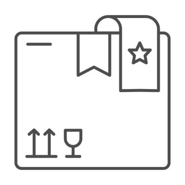 Karton kutu ince çizgi simgesi, dağıtım ve lojistik sembol, beyaz arka planda favori ürün paketi vektör işareti, favori yer imi simgesi taslak tarzına sahip kırılgan paket. Vektör grafikleri.