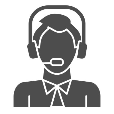 Kulaklık ve mikrofon simgesi olan adam, lojistik ve dağıtım sembolü, lojistik müşteri destek danışmanı vektör işareti beyaz arka planda, dağıtım müdürü simgesi gesinde. Vektör.