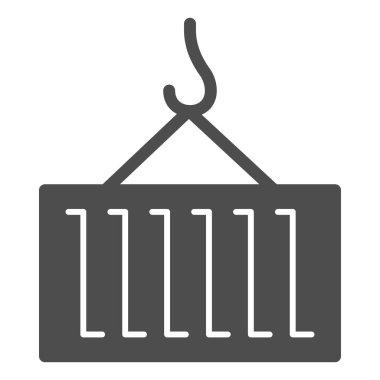 Konteynır ve kanca katı simgesi, lojistik ve dağıtım sembolü, beyaz arka planda vinç kancası vektör işareti üzerinde kargo kutusu, taşınabilir için glifli simge kaldırma. Vektör grafikleri.