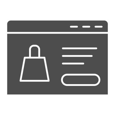 Ürün sitesi katı ikonu, çevrimiçi dükkan ve e-ticaret sembolü, beyaz arka planda web sayfası vektör işareti olan Masaüstü, mobil ve web için glyph tarzı kadın çanta ikonu olan iniş sayfası. Vektör.