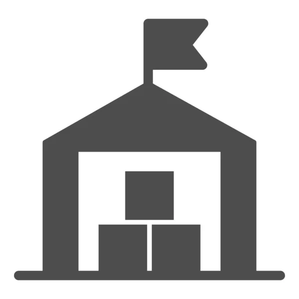 Твердая иконка склада, символ транспортной доставки, здание склада с векторным знаком флага на белом фоне, логистический склад с иконкой коробки. Векторная графика . — стоковый вектор