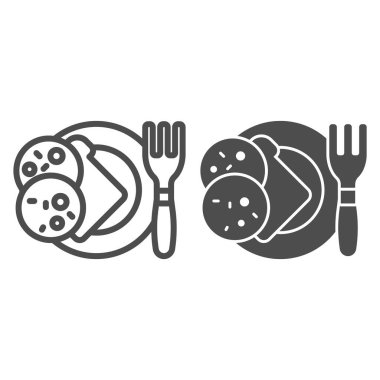 Tabak çizgisi ve sembol üzerinde sandviç. Akşam yemeği temsili beyaza izole edilmiş. Web ve uygulama için tasarlanmış sosis ana hatlı ekmek tasarımı. Eps 10.