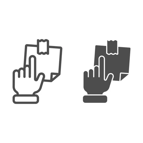 Zeigt mit der Hand auf die klebrige Notizzeile und das Glyphen-Symbol. Zeigt mit dem Finger auf eine Vektor-Illustration aus Papier, isoliert auf weiß. Notepaper skizzieren Stil-Design, für Web und App konzipiert. Eps 10. — Stockvektor