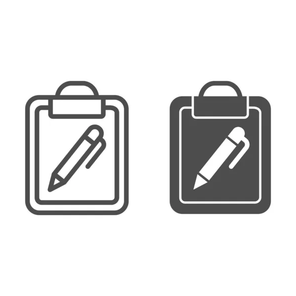 क्लिपबोर्ड और पेन लाइन और ग्लाइफ आइकन। सफेद पर अलग पेन वेक्टर इलस्ट्रेशन के साथ दस्तावेज़। नोट आउटलाइन शैली डिजाइन, वेब और ऐप के लिए डिज़ाइन किया गया। ईपीएस 10 . — स्टॉक वेक्टर