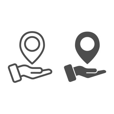 El ele tutuşan iğne çizgisi ve sembol. Kol vektör illüstrasyonundaki harita işaretleyicisi beyaza izole edildi. Yönlendirme tasarımı, web ve uygulama için tasarlandı. Eps 10.