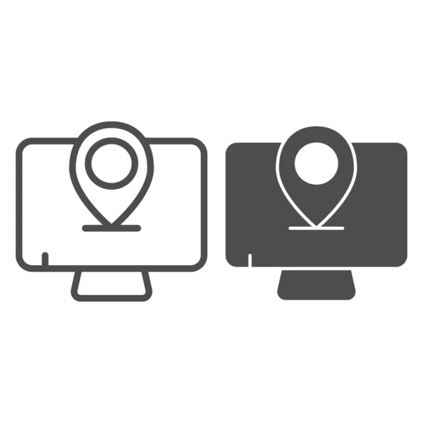 Surveiller la ligne de localisation et l'icône de glyphe. Ecran avec illustration vectorielle broche isolé sur blanc. Ordinateur avec carte pin conception de style, conçu pour le web et l'application. Eps 10 . — Image vectorielle
