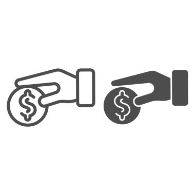 El ele tutuşan bozuk para hattı ve sembol. Dolar vektör çizimi beyaza izole edildi. Web ve uygulama için tasarlanmış para taslağı tasarımı. Eps 10.