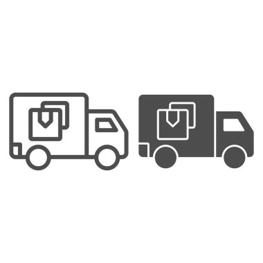 Teslimat kamyonu hattı ve sembol. Van vektör çizimi beyaza izole edildi. Web ve uygulama için tasarlanmış taşıma ana hatları tasarımı. Eps 10.