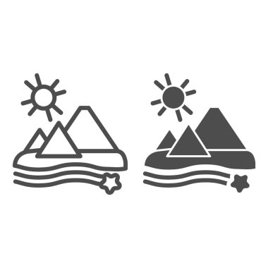 Piramitler çizgisi ve sembol. Çöl vektör çizimi beyaza izole edildi. Mısır tasarımı, web ve uygulama için tasarlandı. Eps 10.