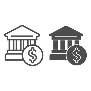 Banka inşaatı ve sembol. Banka ve dolar vektör illüstrasyonu beyaza izole edildi. Mimari tasarım tasarımı, web ve uygulama için tasarlandı. Eps 10.