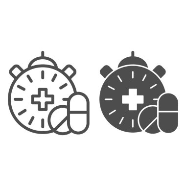 İlaç zaman çizelgesi ve sembol. İlaçlar ve saat vektör çizimleri beyaza izole edilmiş. Eczane zamanı tasarımı, web ve uygulama için tasarlanmış. Eps 10.