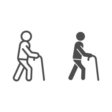 Yaşlı adam çizgisi ve sembol. Baston vektör çizimi olan bir adam beyaza izole edilmiş. Yaşlı insan tasarımı, web ve uygulama için tasarlanmış. Eps 10.